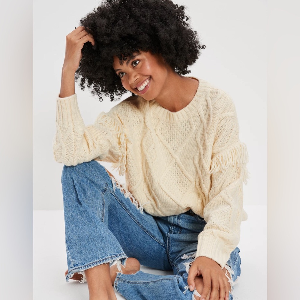 American Eagle Outfitters Fringe Sleeve Cable Knit Sweater Fisherman Women’s XL